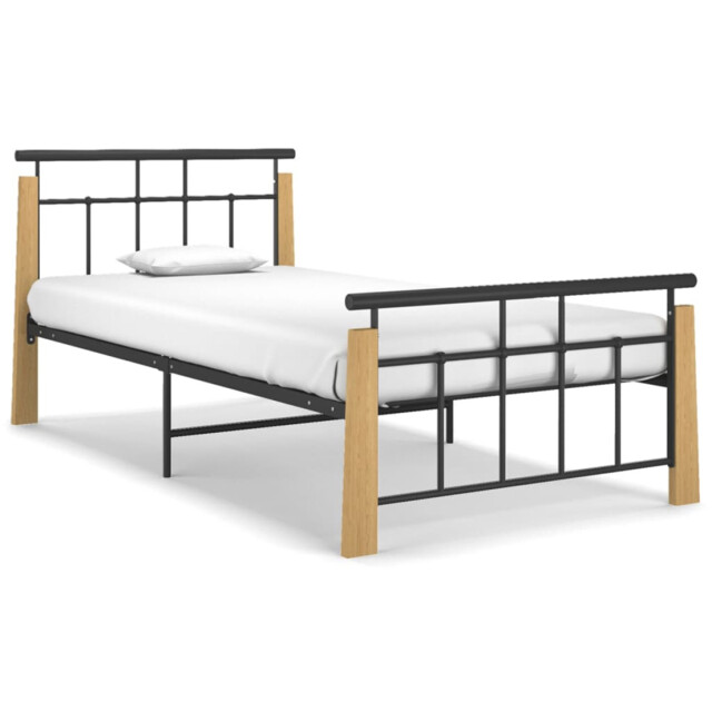 Bed Frame Black Powder-coated Metal & Light Brown Oak 90x200cm Single