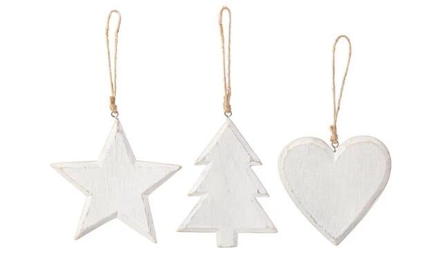 Christmas Hanging Decorations Festive Whitewash Wooden Set Of 3 Sass &