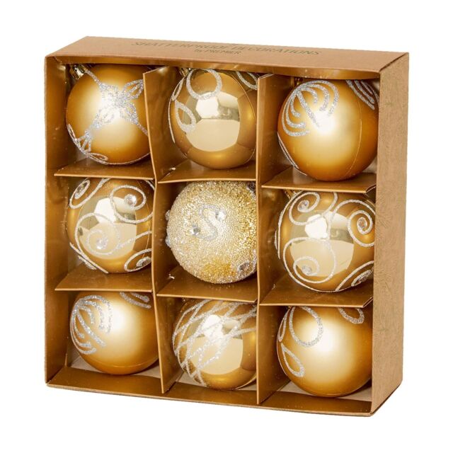 Christmas Shatterproof Baubles 9 Pack 60mm Tree Decoration Gold