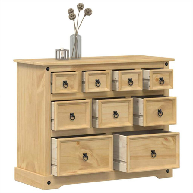 Chest Of Drawers 101x45x82 Cm Solid Pine Honey Finish 9-drawer Style