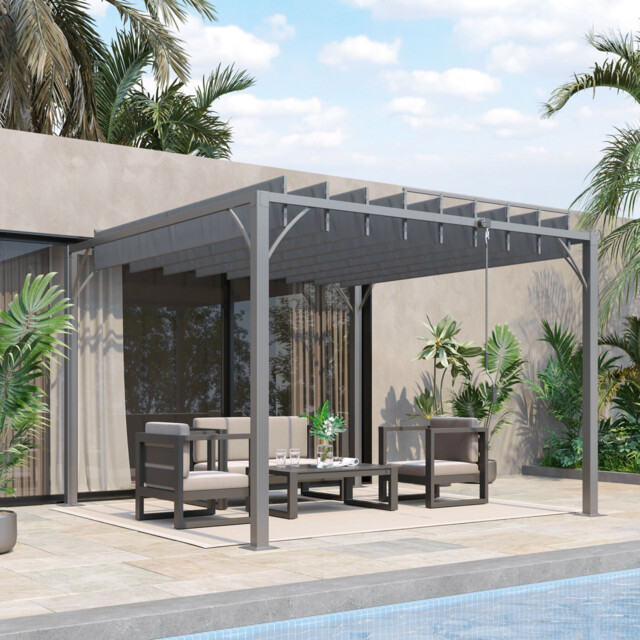 Grey Aluminium Louvered Pergola 2.9m X 2.95m - Retractable Canopy