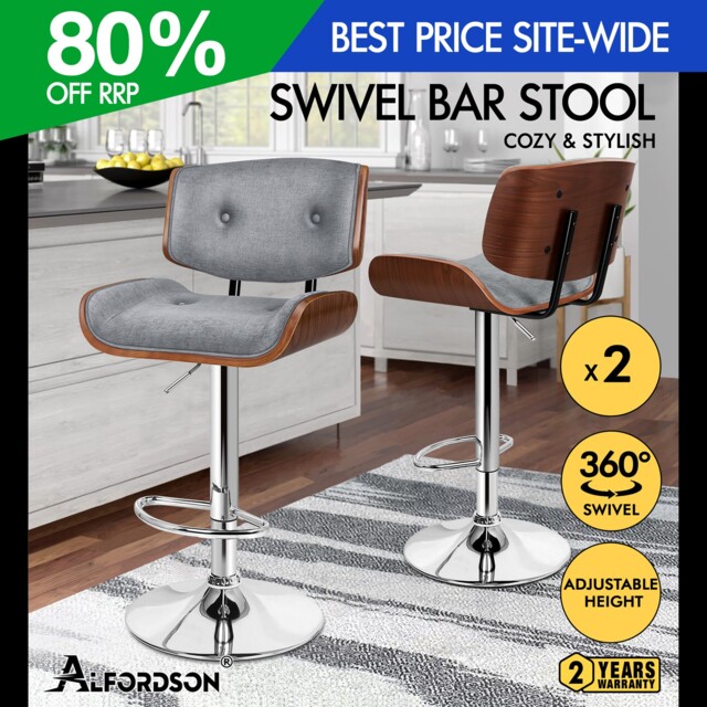 Alfordson 2x Bar Stool Swivel Gas Lift Padded Kitchen Breakfast