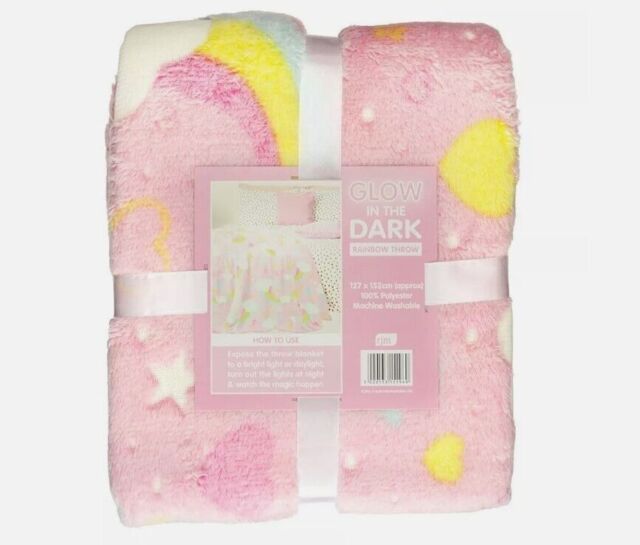 Glow In The Dark Warm Soft Fleece Blanket Rainbow Sofa Throw Kids Pink