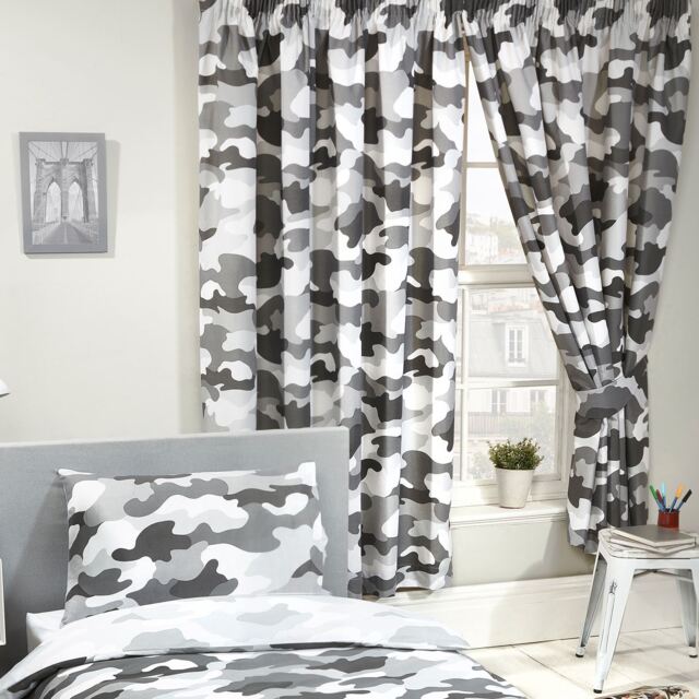 "Army Camouflage Grey Lined Curtains Bedroom Nursery Childrens 54"" Drop"
