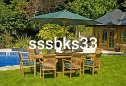 Solid Teak Garden Furniture 8 Seat Oval Extending Table + 8 Stacking