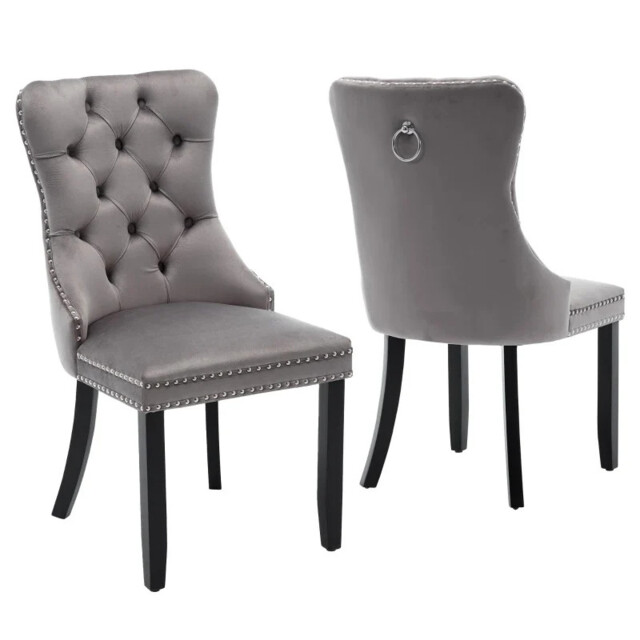 Pack Of 2 Grey Velvet Dining Chairs With Knocker Ring, Button Tufted