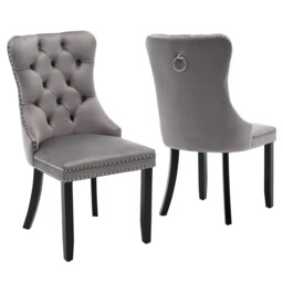 Pack Of 2 Grey Velvet Dining Chairs With Knocker Ring, Button Tufted