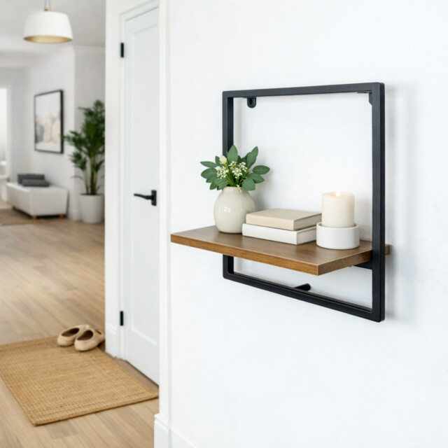 1 Tier Shelf Black Metal Frame With Wooden Shelf Floating Wall Home