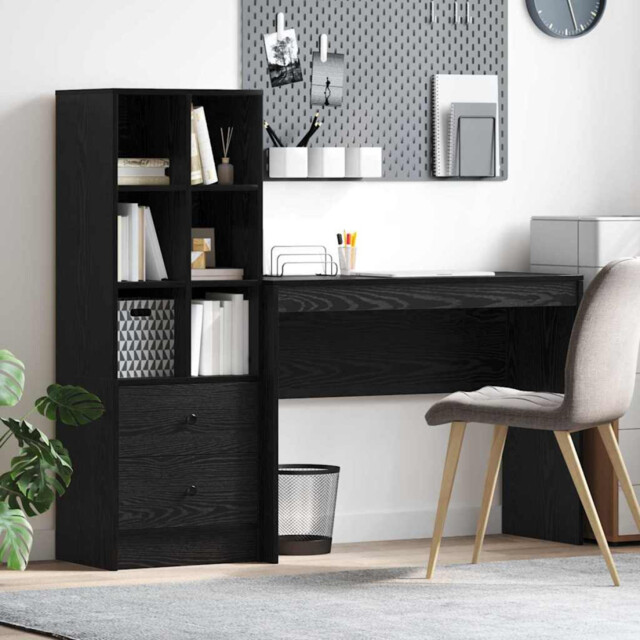 Desk With Highboard 145.5x40x127cm Black Oak Engineered Wood 2 Drawers