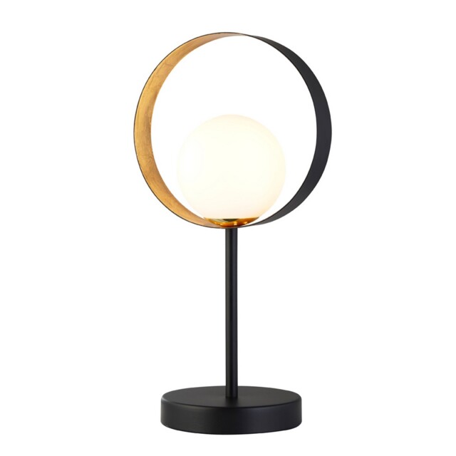 1 Light Matt Black And Gold Leaf Ring Design Table Lamp With Opal