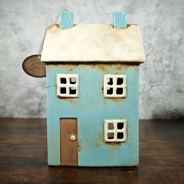 Village Pottery Blue House Ceramic Tealight Holder Tea Light Candle