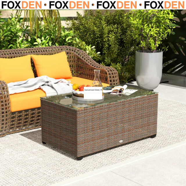Outdoor Coffee Table Glass Top Pe Rattan Galvanised Steel Side Table -