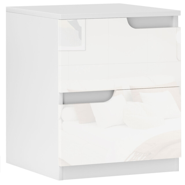 Modern Bedside Table 2 Drawer Nightstand High Gloss White Storage