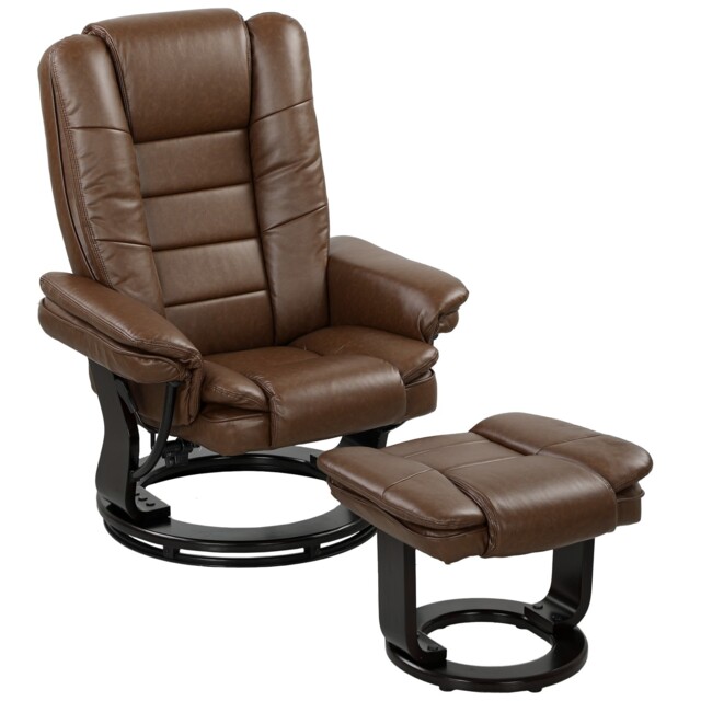 Homcom Swivel Manual Recliner And Footrest Set Pu Leather Chair Brown