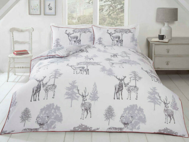 Grey Sherwood Forest Animals Stag & Deer Pipe Trim Duvet Quilt Cover