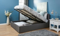 End Lift Double Ottoman Bed Silver Fabric 4ft 6 Gas Lift Up Storage