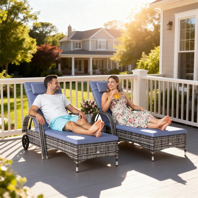 Rattan Sun Lounger Set Wicker Recliner Bed Side Table Garden Furniture