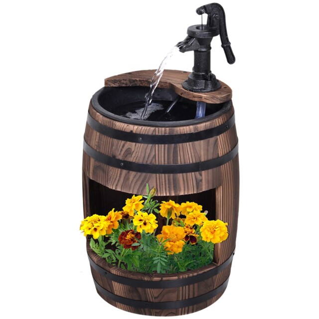 Outsunny Wood Barrel Pump Garden Fountain Water Feature Flower Planter