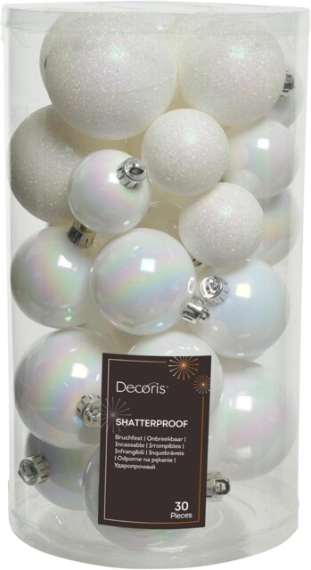 Kaemingk Shatterproof Baubles Pk 30 Iris White Assorted Sizes 022917