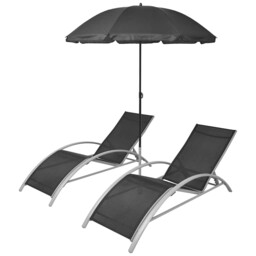 Sun Lounger Set 3 Pcs With Umbrella Aluminium Black Patio Bench Chairs