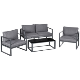 Garden 4pc Aluminium Sofa Set Grey 138x65x63cm Cushions & Glass Table