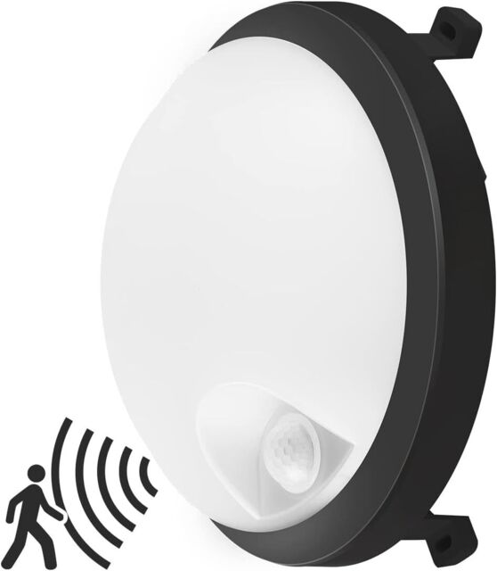12w Outdoor Pir Sensor Bulkhead Light, Waterproof Black, 900lm, 4000k,