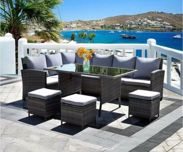 9 Seat Garden Corner Sofa Set With 3 Stools + Glass-top Table -model: