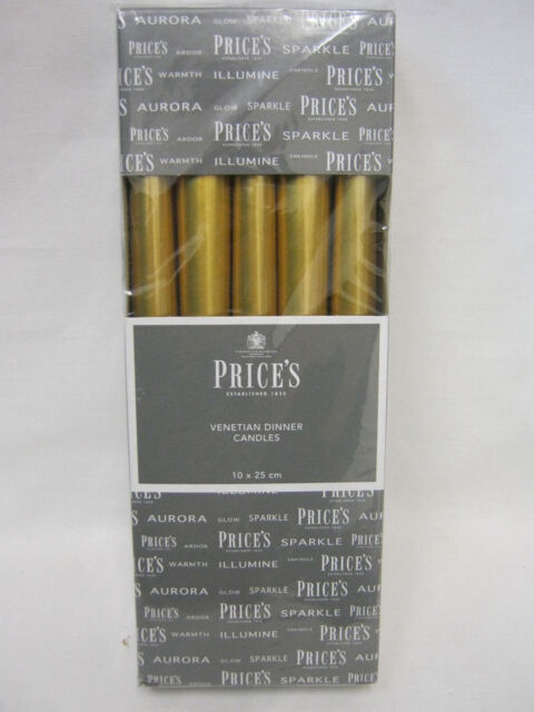 "Prices Metallic Gold Wax 10"" Venetian Tapered Dinner Candles Burn Time"