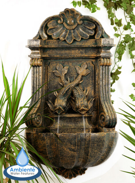 Verdigris Wall Fountain Water Feature Verdi Aged Cat And Fish H86cm By