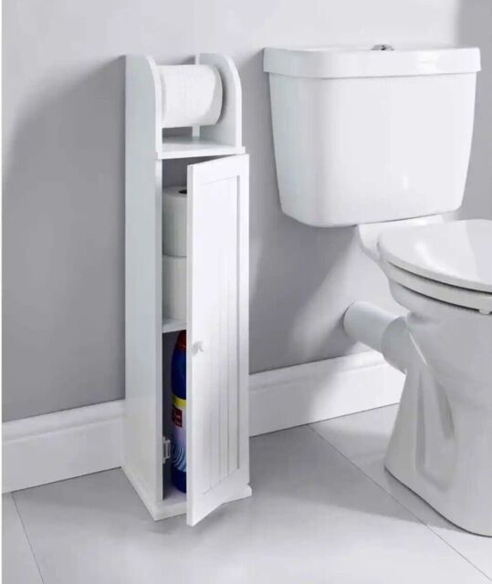 White Wood Free Standing Toilet Paper Roll Holder Bathroom Storage