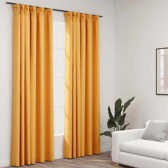 Linen-look Blackout Curtains With Hooks 2 Pcs Yellow 140x245 Cm Vidaxl