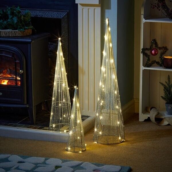 Christmas Cone Trees Decoration 3pc Light Up Led Light Silver Xmas