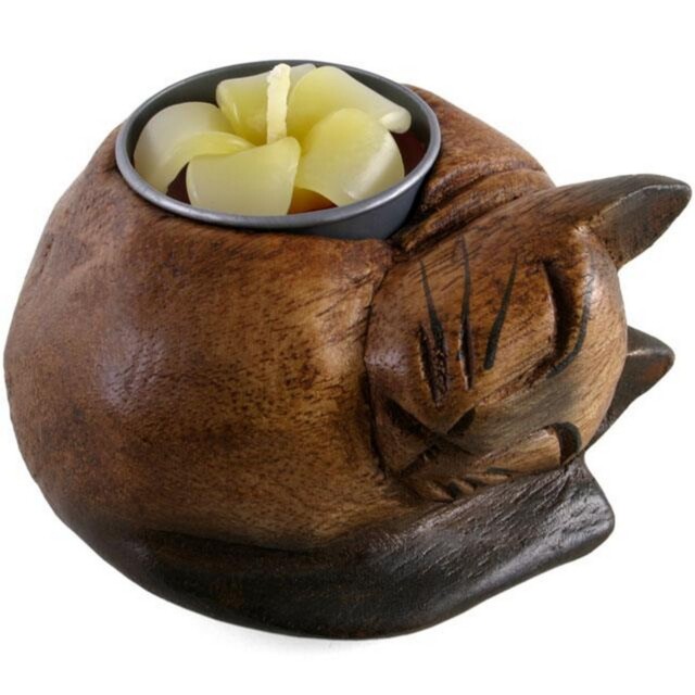 Something Different Curled Cat Wooden Tealight Holder, 8 X 8 X 5 Cm,
