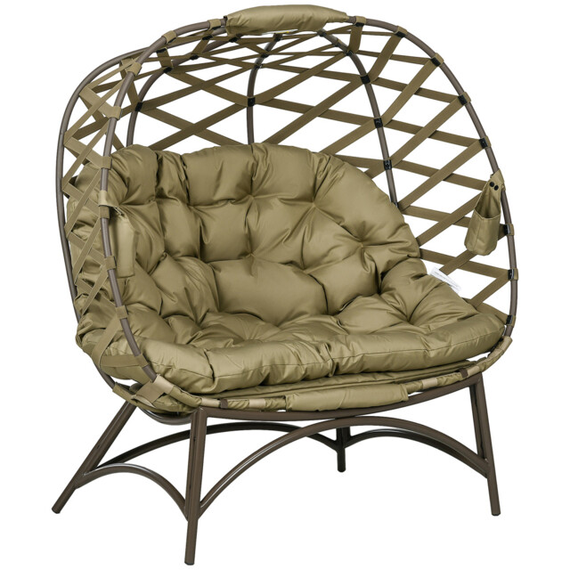 Outsunny 2 Seater Egg Chair Outdoor With Cushion, Cup Pockets - Khaki