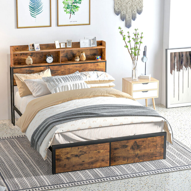 Double Bed Frame Steel Rustic Brown & Black 208.8x145x115cm Underbed