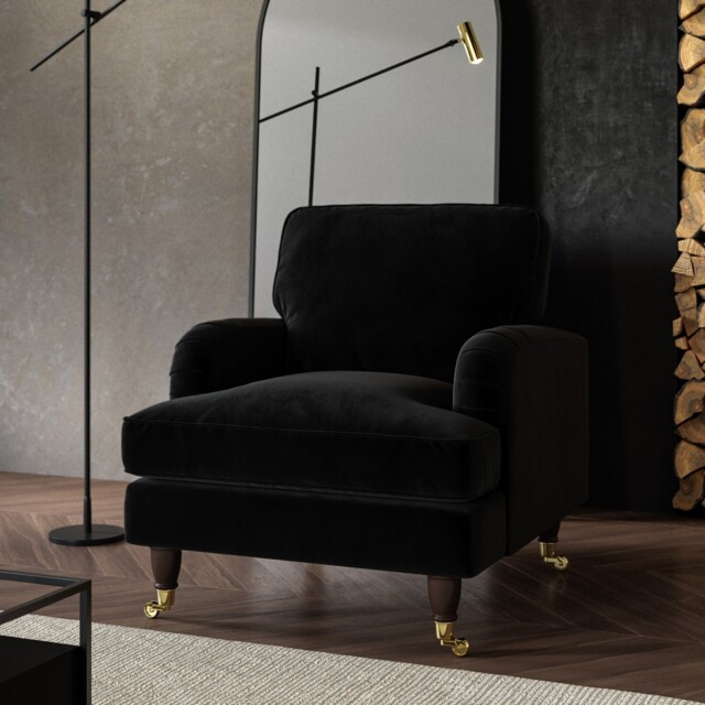 Black Velvet Armchair With Dark Wood Gold Legs Saddle Arms Traditional