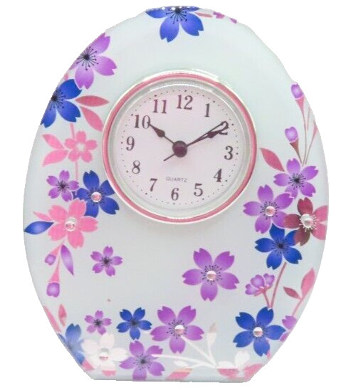Blue & Purple Floral Blossom Clock Mantel Oval Glass 16 Cm Time Gift