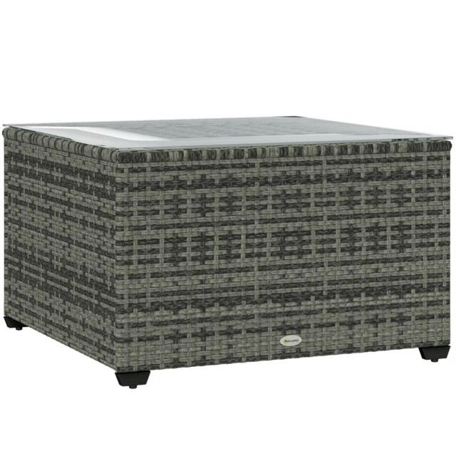 Outdoor Coffee Table With Glass Top, Rattan Side Table, Light Grey
