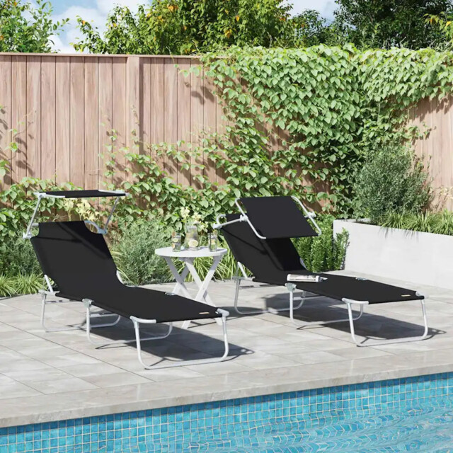 Sun Lounger Folding 2-person 2 Pcs Black 58 X 188 X 77cm Fabric Vidaxl
