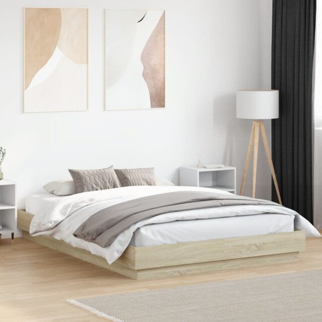 Bed Frame Sonoma Oak 200x200 Cm Engineered Wood Slatted Stable