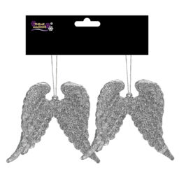 Christmas 2 Pack Hanging Glitter Angel Wings Tree Decoration - Silver