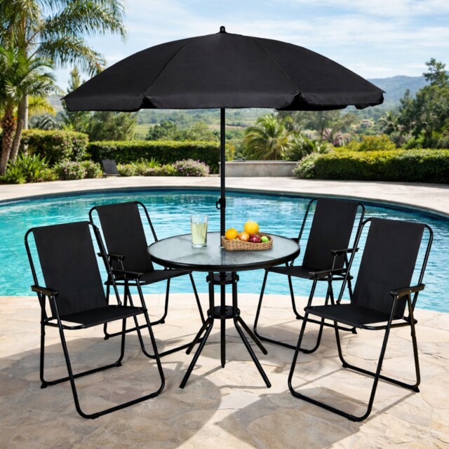 6pc Outdoor Furniture Set Dining Table Patio Deck 4 Chairs & Parasol