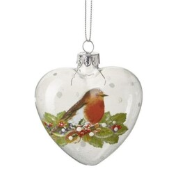 Glass Painted Robin Heart Bauble 8cm