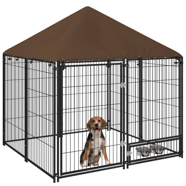 Pawhut Outdoor Dog House Kennel With Canopy Top & Lock Rotating Bowl