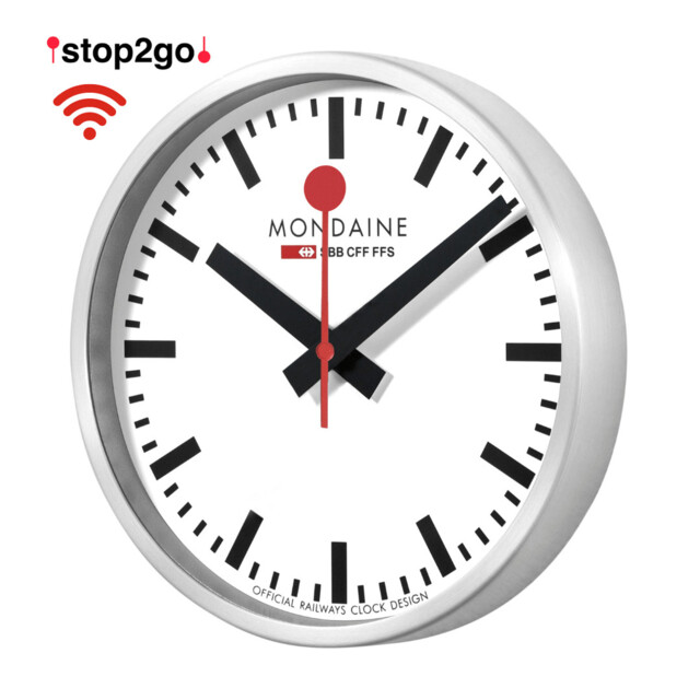 Mondaine Stop2go Wifi Wall Clock With White Face And Silver Case