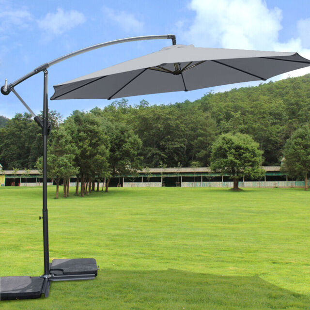 Grey 3m Garden Banana Parasol Patio Sun Shade Hanging Rattan Umbrella