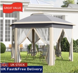 Gazebo Pop-up Hexagon W/ Metal Frame Outdoor Garden, Beige/khaki 3x4m