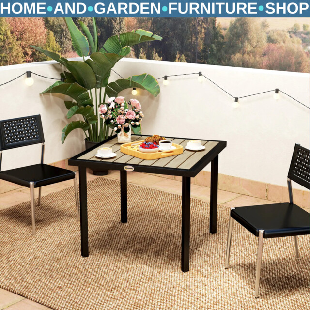 Outdoor Garden Dining Table Square Metal Frame Slatted Top With