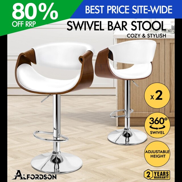 Alfordson 2x Bar Stool Pu Leather Wooden Armrest Swivel Breakfast