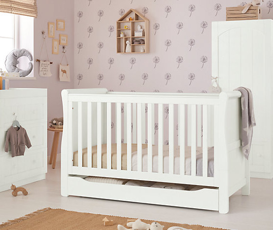 Mothercare Sleigh Cot Bed – White - Cot To Toddler Bed - Storage